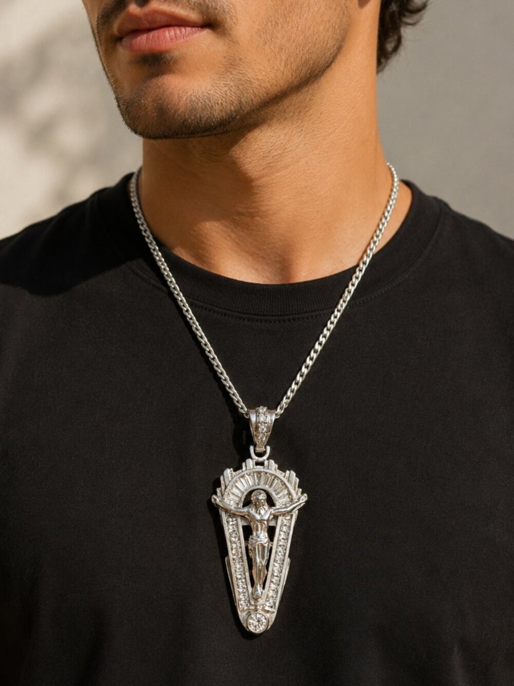 Vintage Large 925 Sterling Silver Jesus Crucifix Cross Pendant CZ Baguette